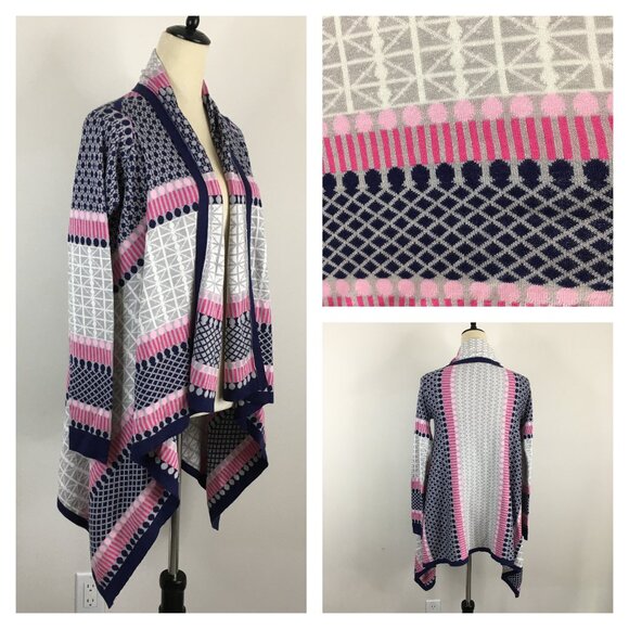 BCBGMAXAZRIA Multi-Color Mixed Print High Low Hem Open Front Cardigan - Picture 1 of 9